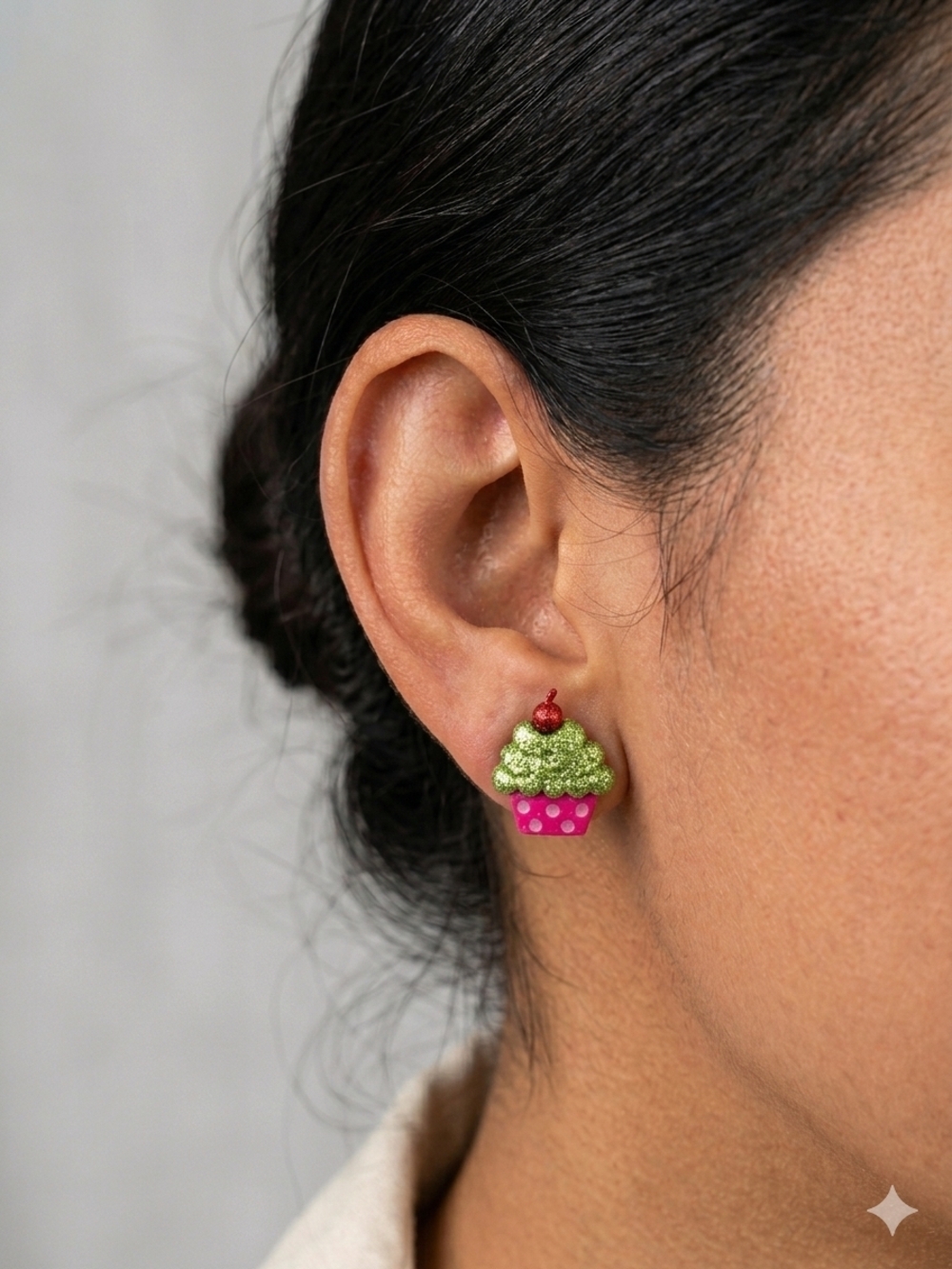 Playful Cupcake Stud Earrings in Green and Pink